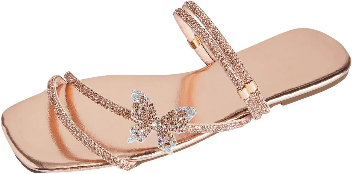 GORGLITTER Women's Rhinestone Butterfly Flat Sandals Glitter Square Open Toe Strappy Slides