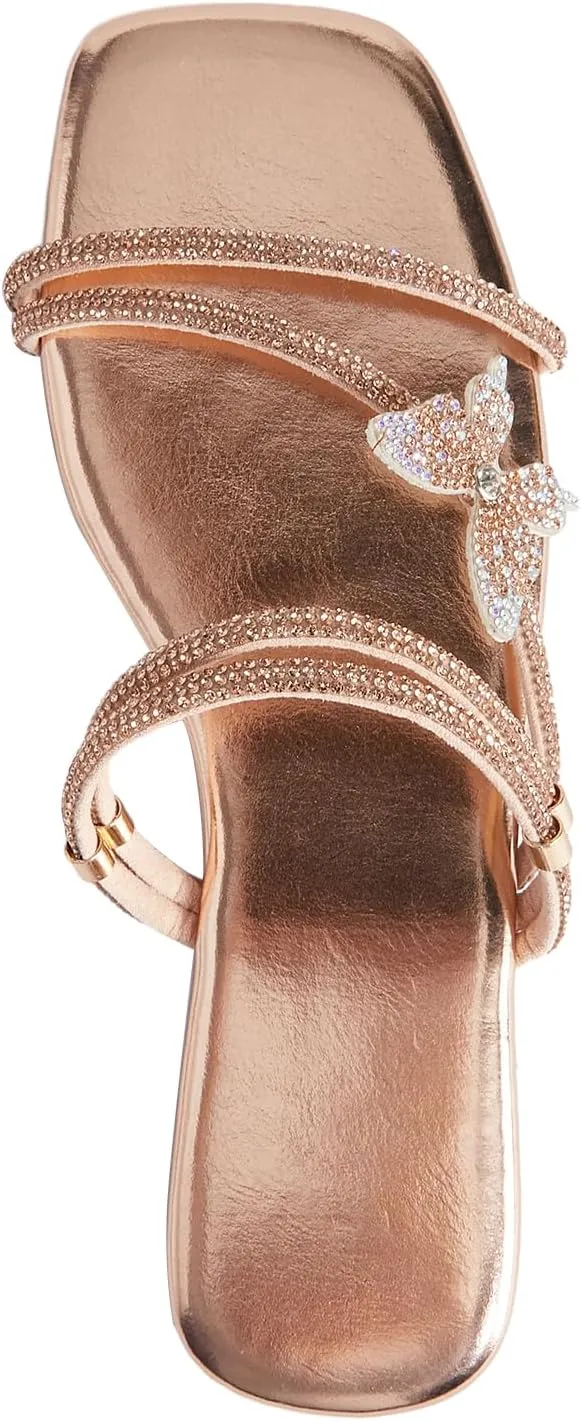 GORGLITTER Women's Rhinestone Butterfly Flat Sandals Glitter Square Open Toe Strappy Slides