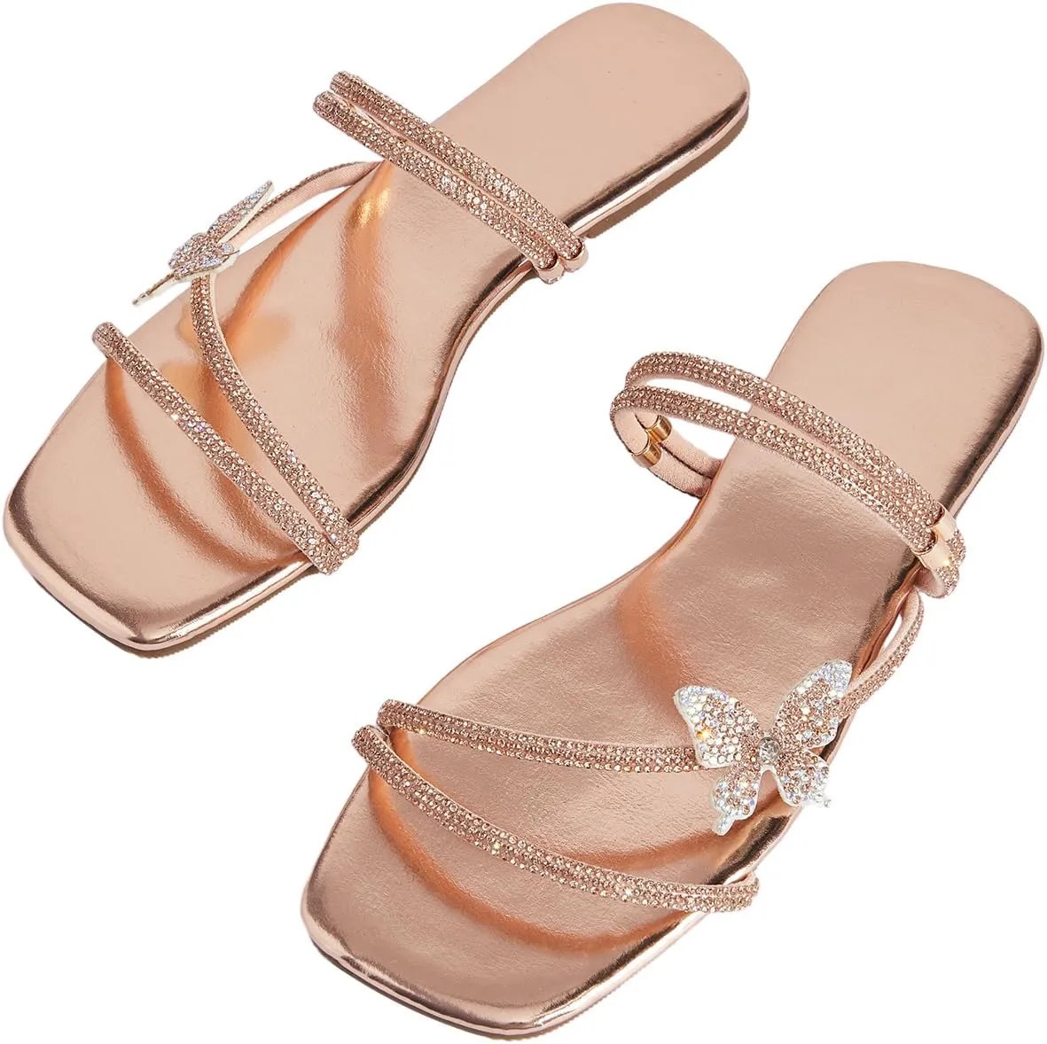 GORGLITTER Women's Rhinestone Butterfly Flat Sandals Glitter Square Open Toe Strappy Slides