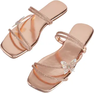 GORGLITTER Women's Rhinestone Butterfly Flat Sandals Glitter Square Open Toe Strappy Slides