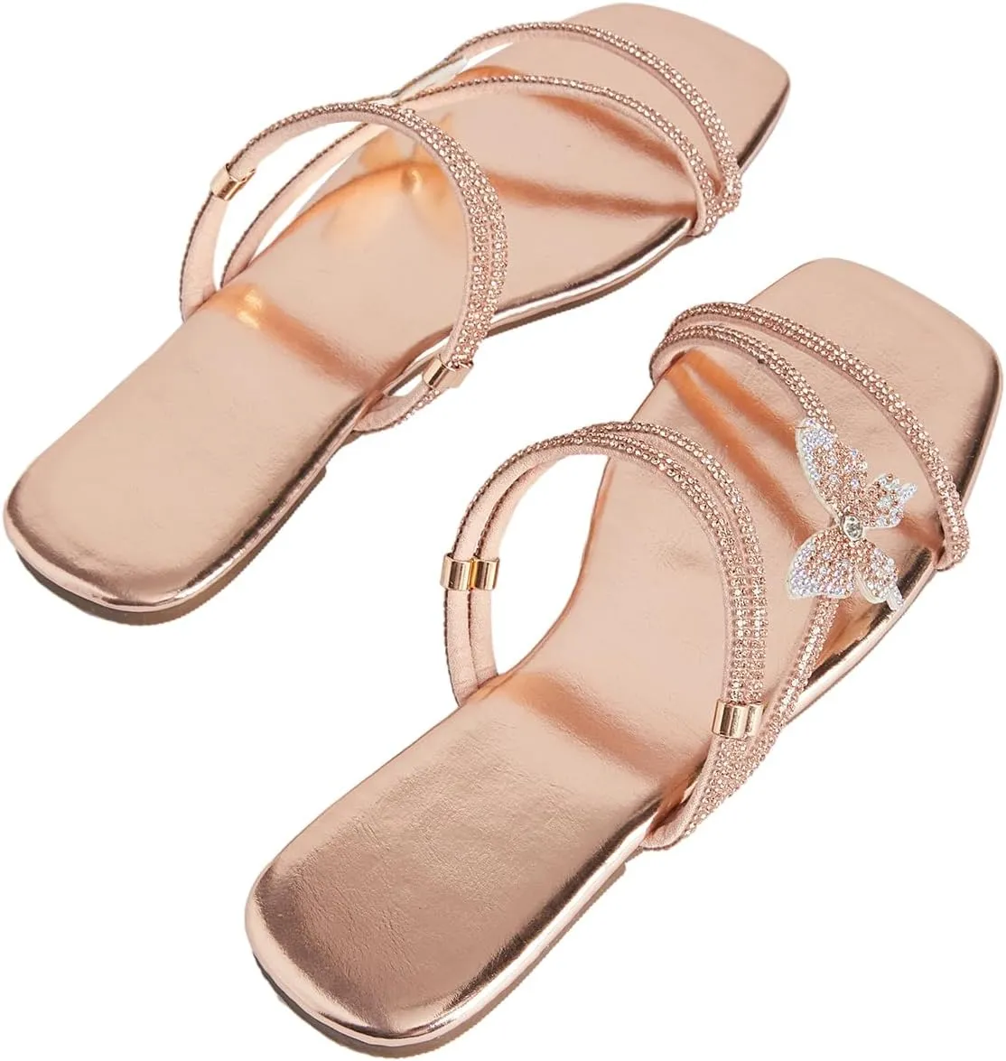 GORGLITTER Women's Rhinestone Butterfly Flat Sandals Glitter Square Open Toe Strappy Slides