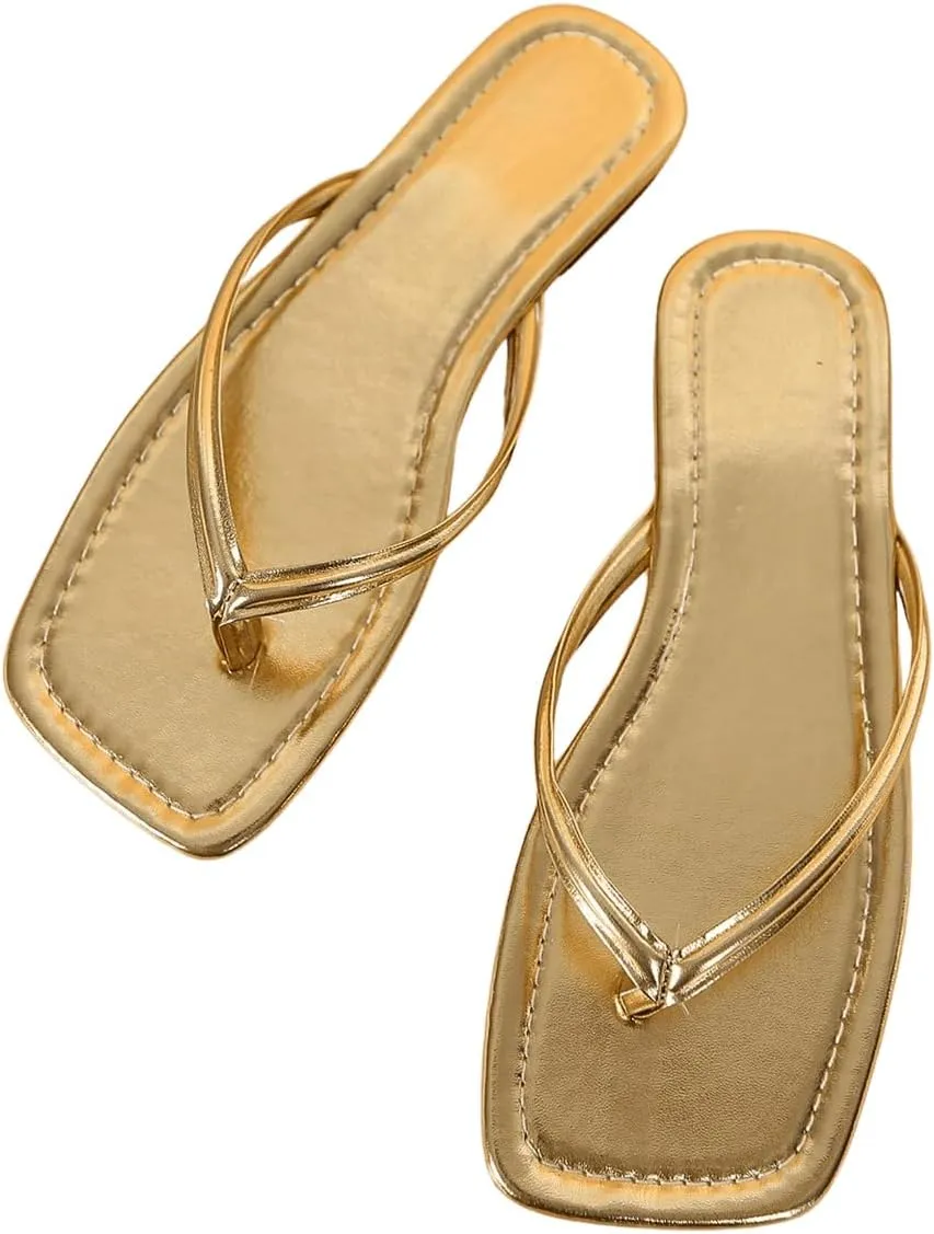 GORGLITTER Women's Square Open Toe Flip Flop Minimalist Thong Flat Sandals Slide On Summer Vacation 2025 Dressy Shoes