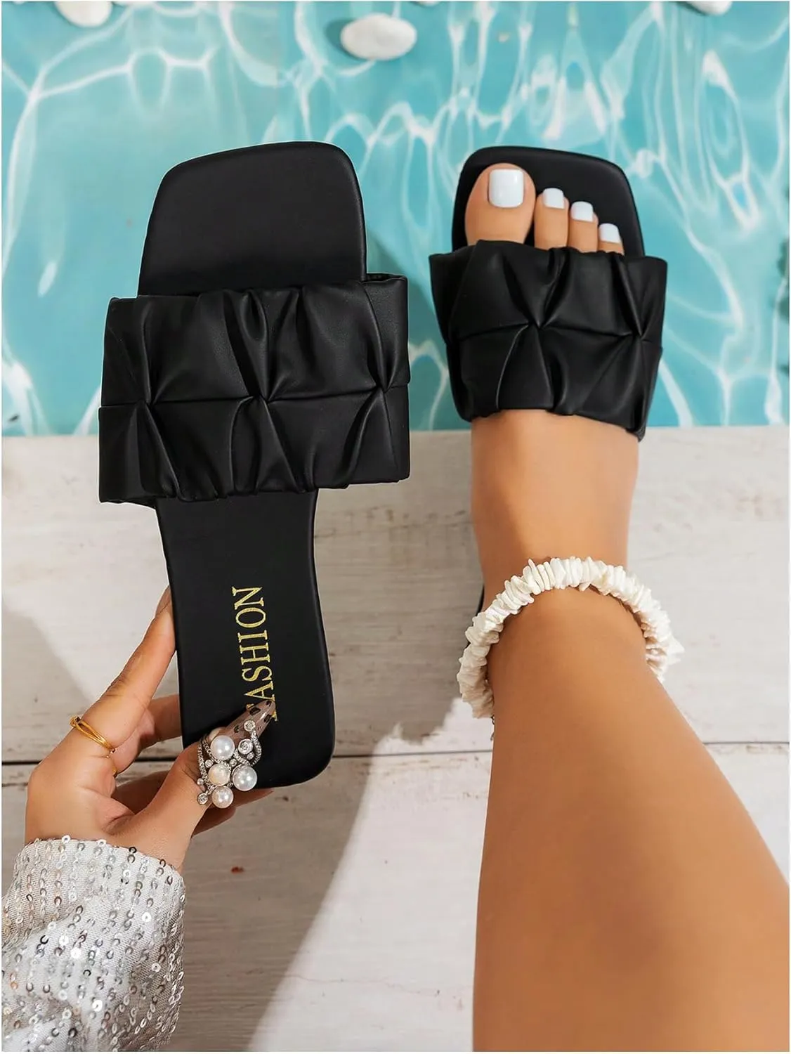 GORGLITTER Women's Square Toe Ruched Dressy Flat Sandals Pu Leather Open Toe Slip On Slide Shoes
