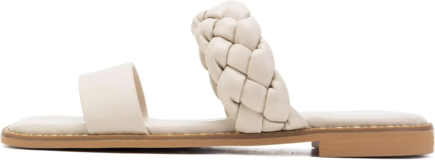Greatonu Women's Square Toe Braided Flat Sandals Dressy Summer Open Toe Slides Sandals for Women 2025 Strappy Slip On Woven Sandals