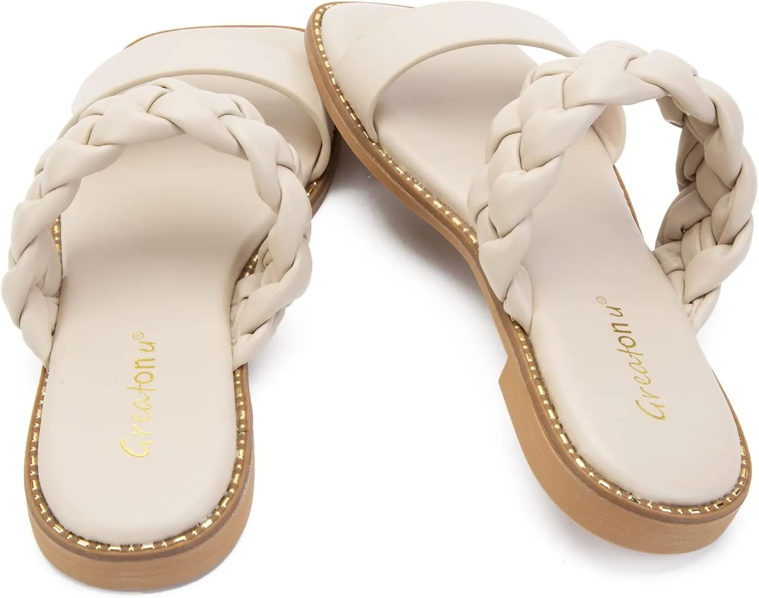Greatonu Women's Square Toe Braided Flat Sandals Dressy Summer Open Toe Slides Sandals for Women 2025 Strappy Slip On Woven Sandals