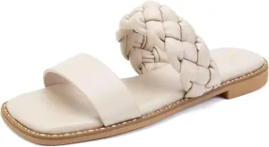 Greatonu Women's Square Toe Braided Flat Sandals Dressy Summer Open Toe Slides Sandals for Women 2025 Strappy Slip On Woven Sandals