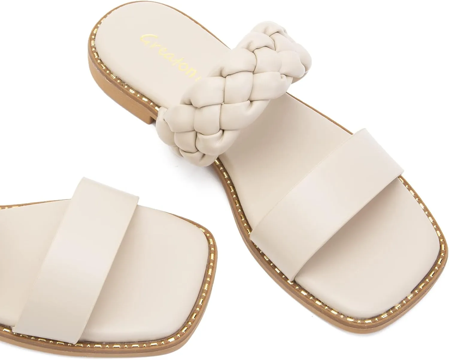 Greatonu Women's Square Toe Braided Flat Sandals Dressy Summer Open Toe Slides Sandals for Women 2025 Strappy Slip On Woven Sandals