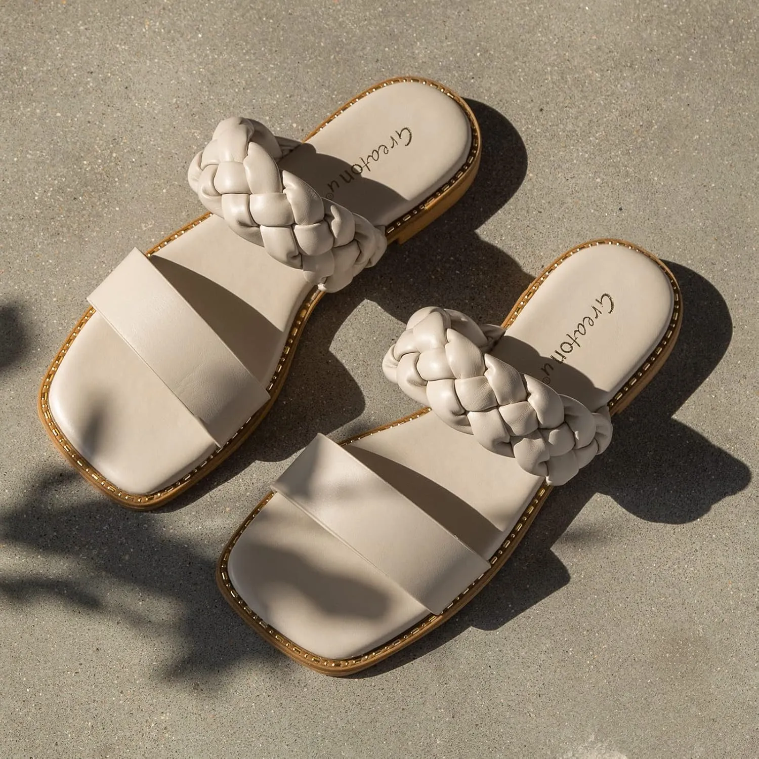 Greatonu Women's Square Toe Braided Flat Sandals Dressy Summer Open Toe Slides Sandals for Women 2025 Strappy Slip On Woven Sandals