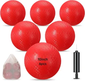 Hanaive 6 Pcs Kickballs 10 Inch Playground Ball Rubber Inflatable Dodgeball with Pump and Storage Bag Bouncy Kickball for Adults Sports Outdoor Activities(Red)