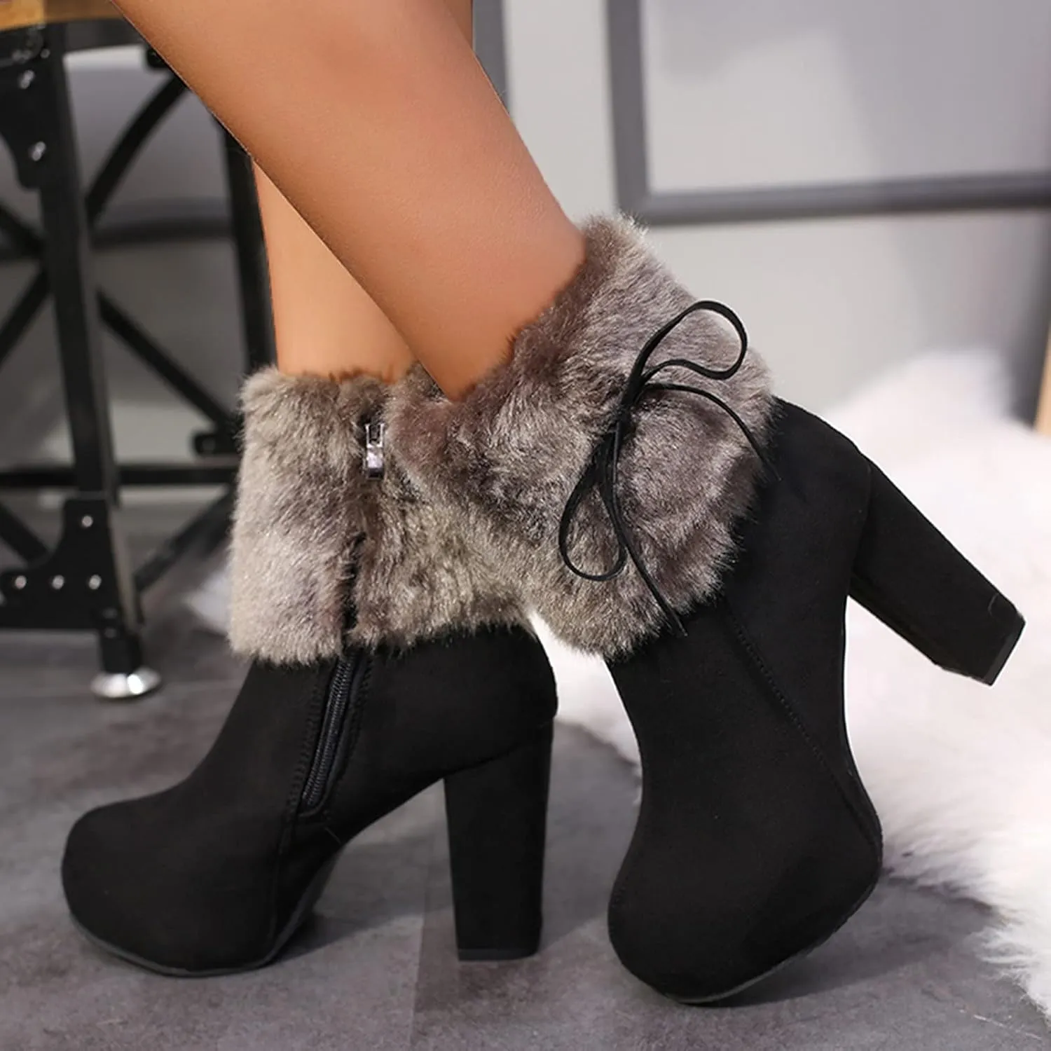 Hbeylia Platform Boots For Women Fashion Winter Warm Faux Fur Fuzzy Dress Pump Ankle Booties With Side Zipper Fluffy Plush Chunky High Heels Mid Calf Short Boots For Ladies Wedding Party
