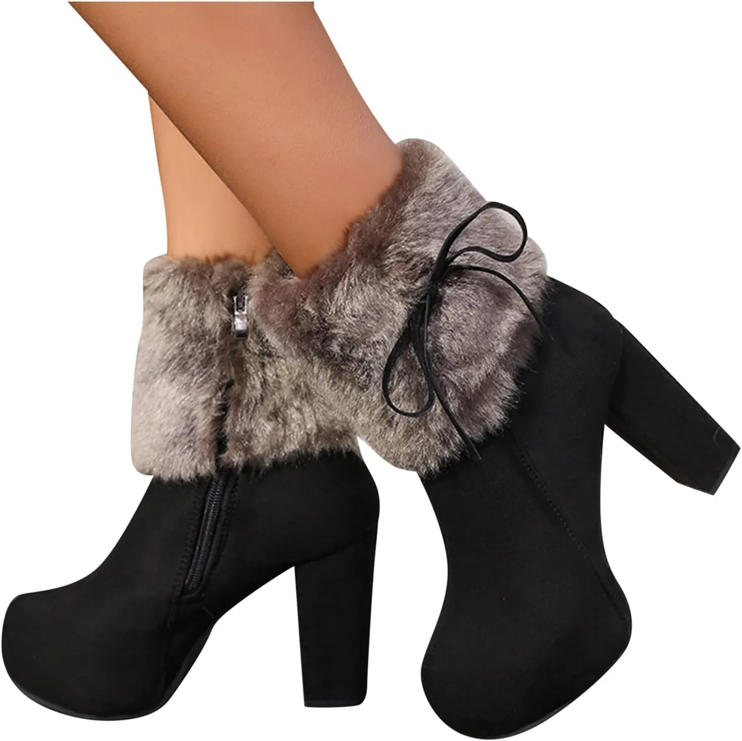 Hbeylia Platform Boots For Women Fashion Winter Warm Faux Fur Fuzzy Dress Pump Ankle Booties With Side Zipper Fluffy Plush Chunky High Heels Mid Calf Short Boots For Ladies Wedding Party