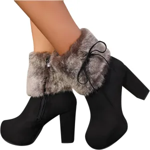 Hbeylia Platform Boots For Women Fashion Winter Warm Faux Fur Fuzzy Dress Pump Ankle Booties With Side Zipper Fluffy Plush Chunky High Heels Mid Calf Short Boots For Ladies Wedding Party