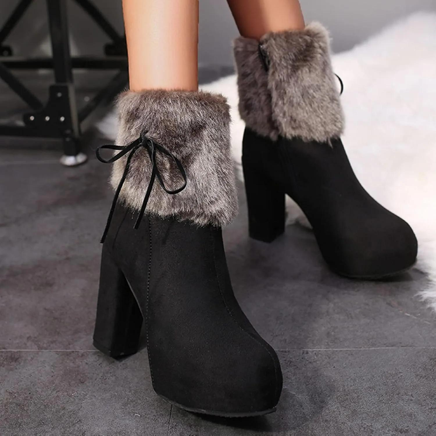 Hbeylia Platform Boots For Women Fashion Winter Warm Faux Fur Fuzzy Dress Pump Ankle Booties With Side Zipper Fluffy Plush Chunky High Heels Mid Calf Short Boots For Ladies Wedding Party