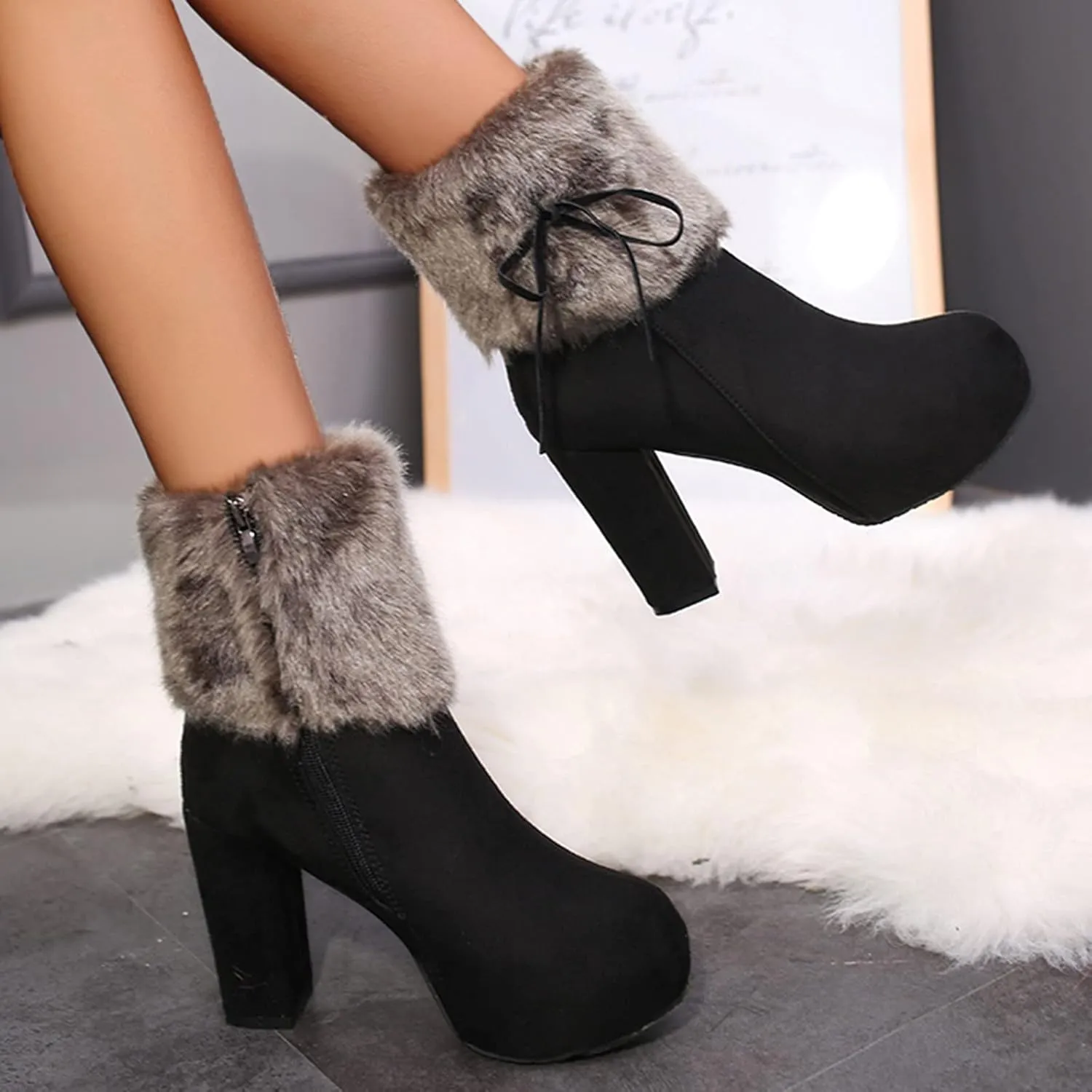 Hbeylia Platform Boots For Women Fashion Winter Warm Faux Fur Fuzzy Dress Pump Ankle Booties With Side Zipper Fluffy Plush Chunky High Heels Mid Calf Short Boots For Ladies Wedding Party