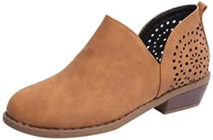 Hbeylia Women's Boots Vintage Fashion V Cut Pointed Toe Chunky Mid Heels Ankle Booties Retro Bohemian Cut Out Short Boots Boho Beach Dress Boots For Women Ladies Vacation Wedding Party