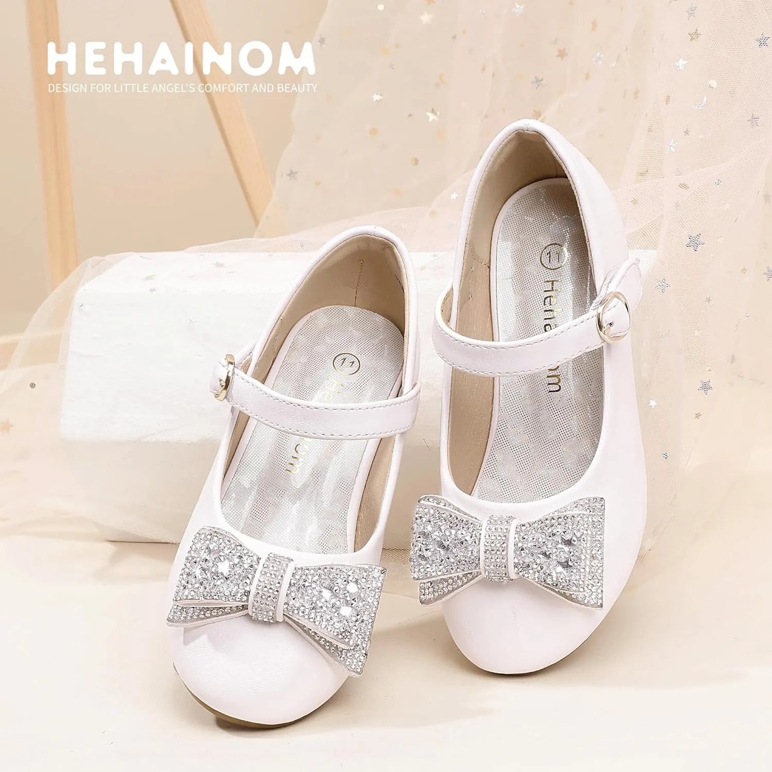 Hehainom Girls Mary Jane Dress Shoes Rhinestones Bows Flower Girl Wedding Princess Low Heels Toddler Little Kids Pump Shoes