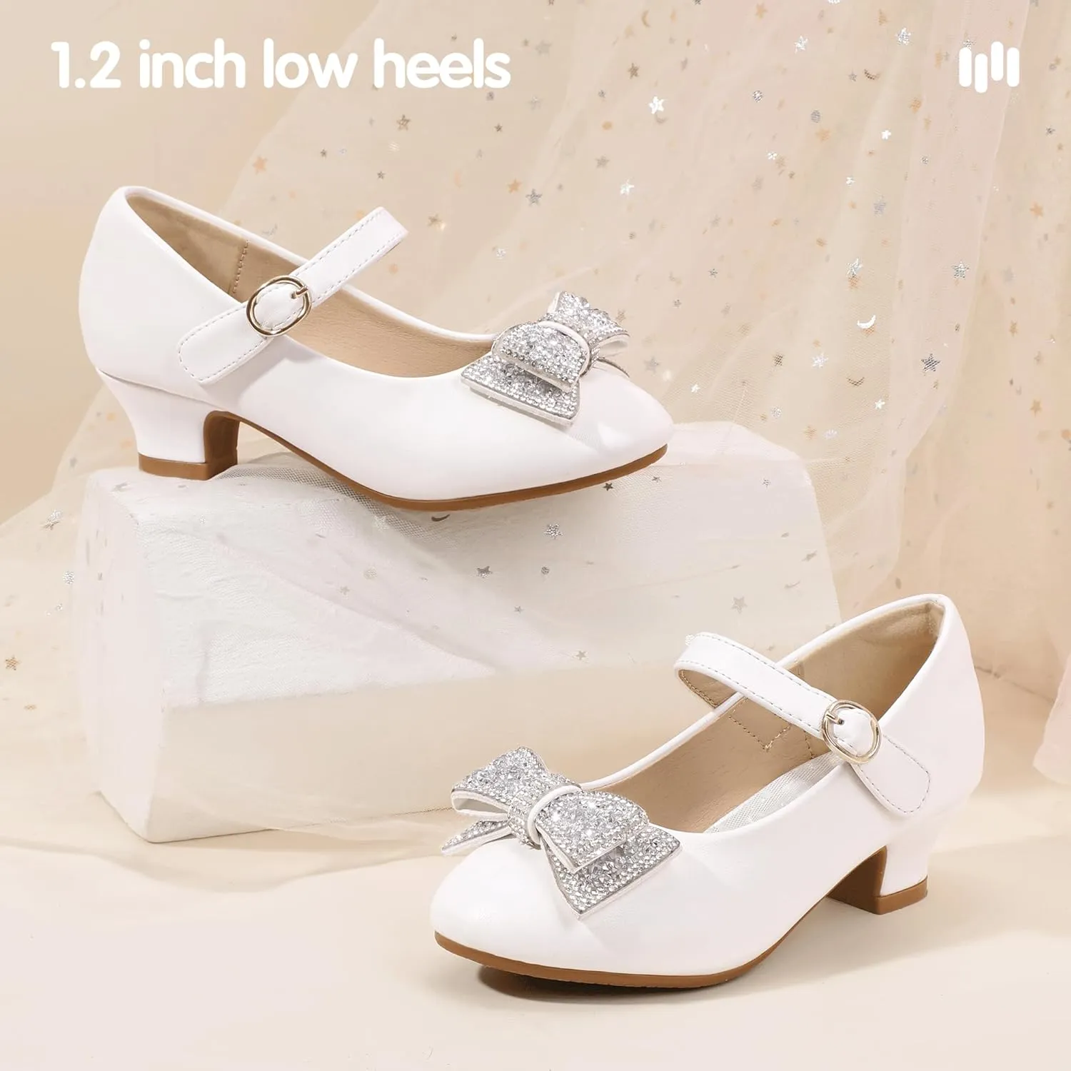 Hehainom Girls Mary Jane Dress Shoes Rhinestones Bows Flower Girl Wedding Princess Low Heels Toddler Little Kids Pump Shoes