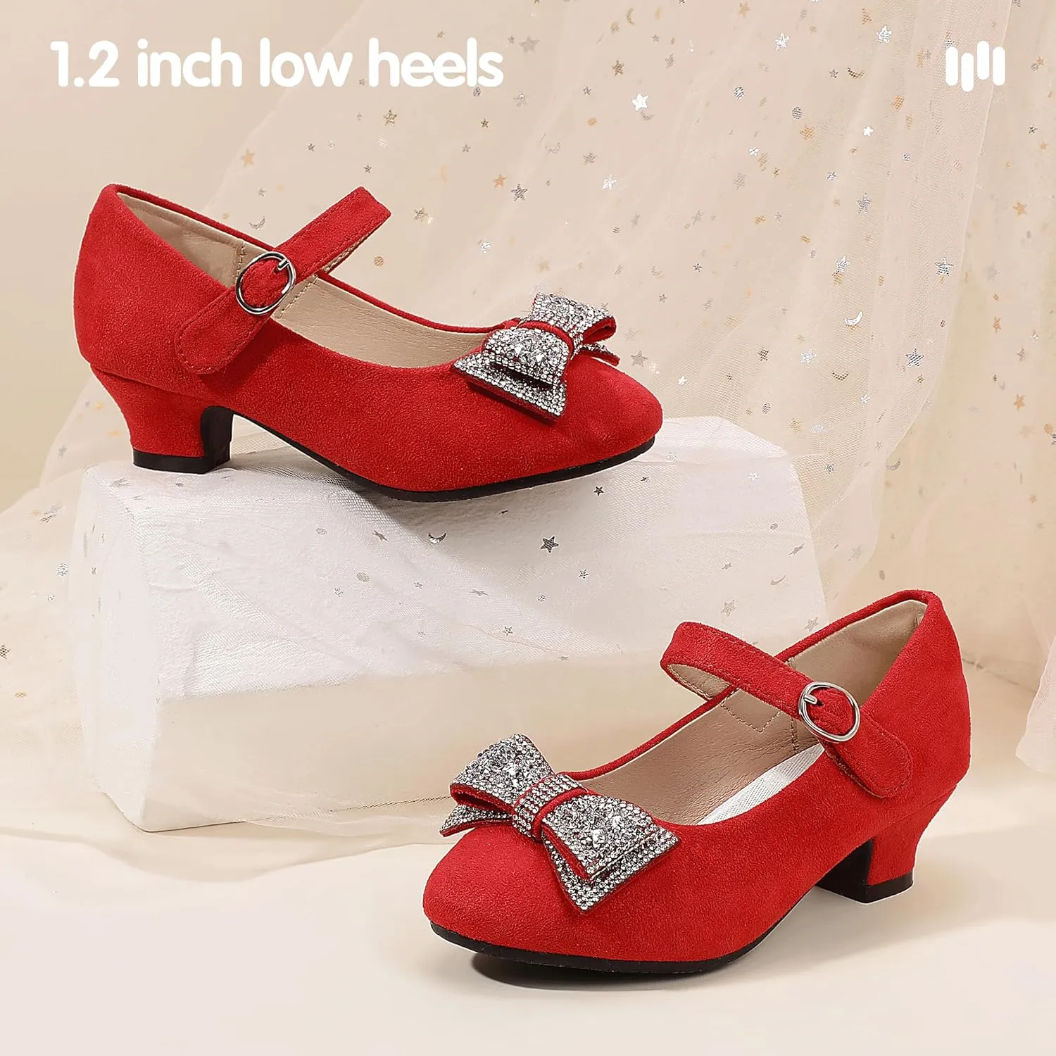 Hehainom Girls Mary Jane Dress Shoes Rhinestones Bows Flower Girl Wedding Princess Low Heels Toddler Little Kids Pump Shoes