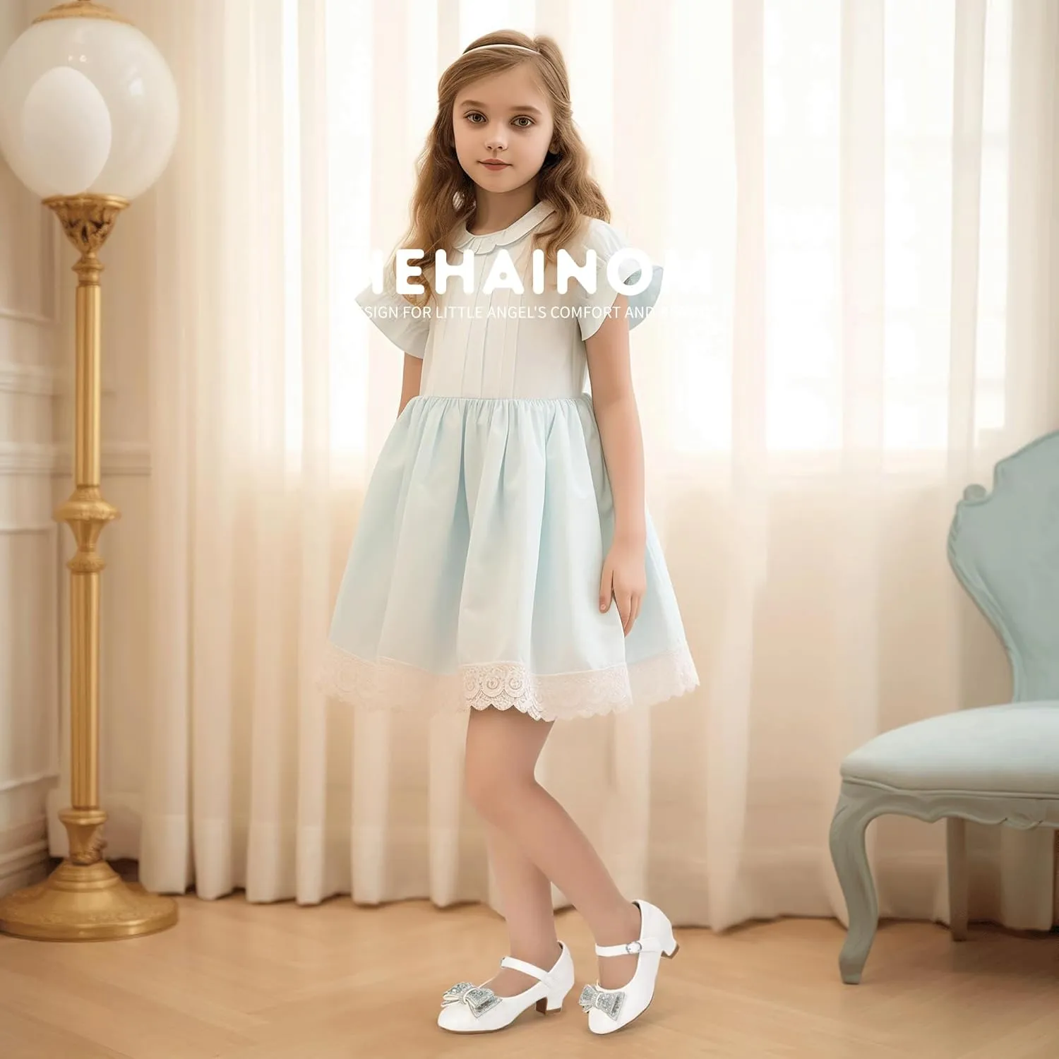 Hehainom Girls Mary Jane Dress Shoes Rhinestones Bows Flower Girl Wedding Princess Low Heels Toddler Little Kids Pump Shoes