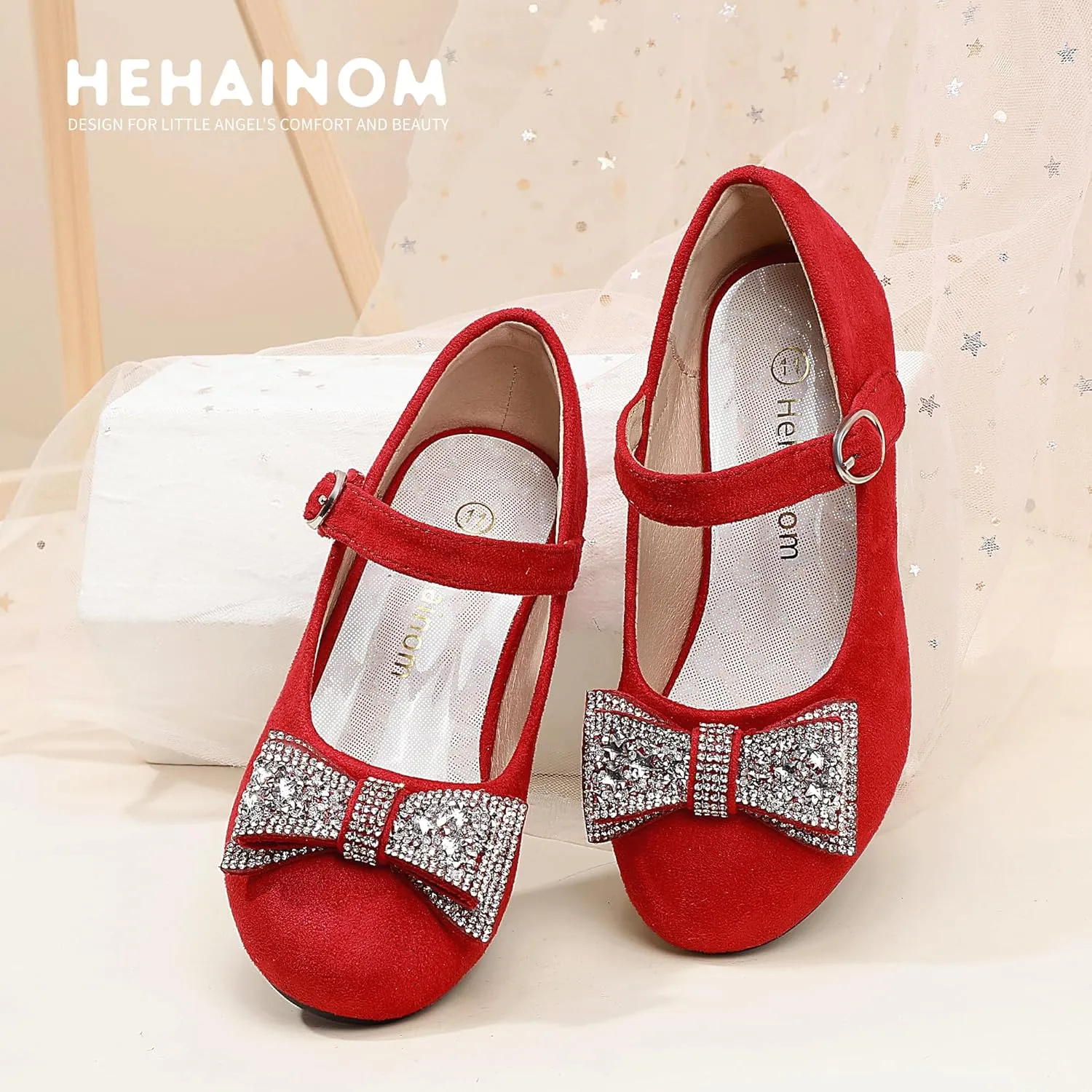 Hehainom Girls Mary Jane Dress Shoes Rhinestones Bows Flower Girl Wedding Princess Low Heels Toddler Little Kids Pump Shoes
