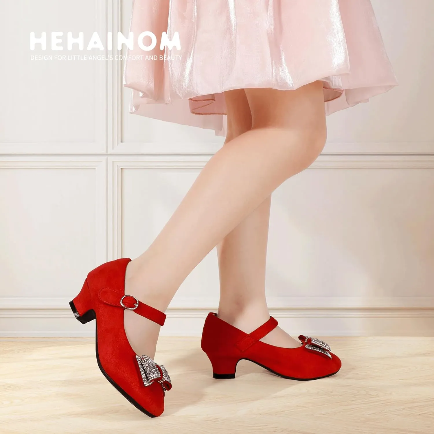 Hehainom Girls Mary Jane Dress Shoes Rhinestones Bows Flower Girl Wedding Princess Low Heels Toddler Little Kids Pump Shoes