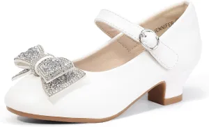 Hehainom Girls Mary Jane Dress Shoes Rhinestones Bows Flower Girl Wedding Princess Low Heels Toddler Little Kids Pump Shoes