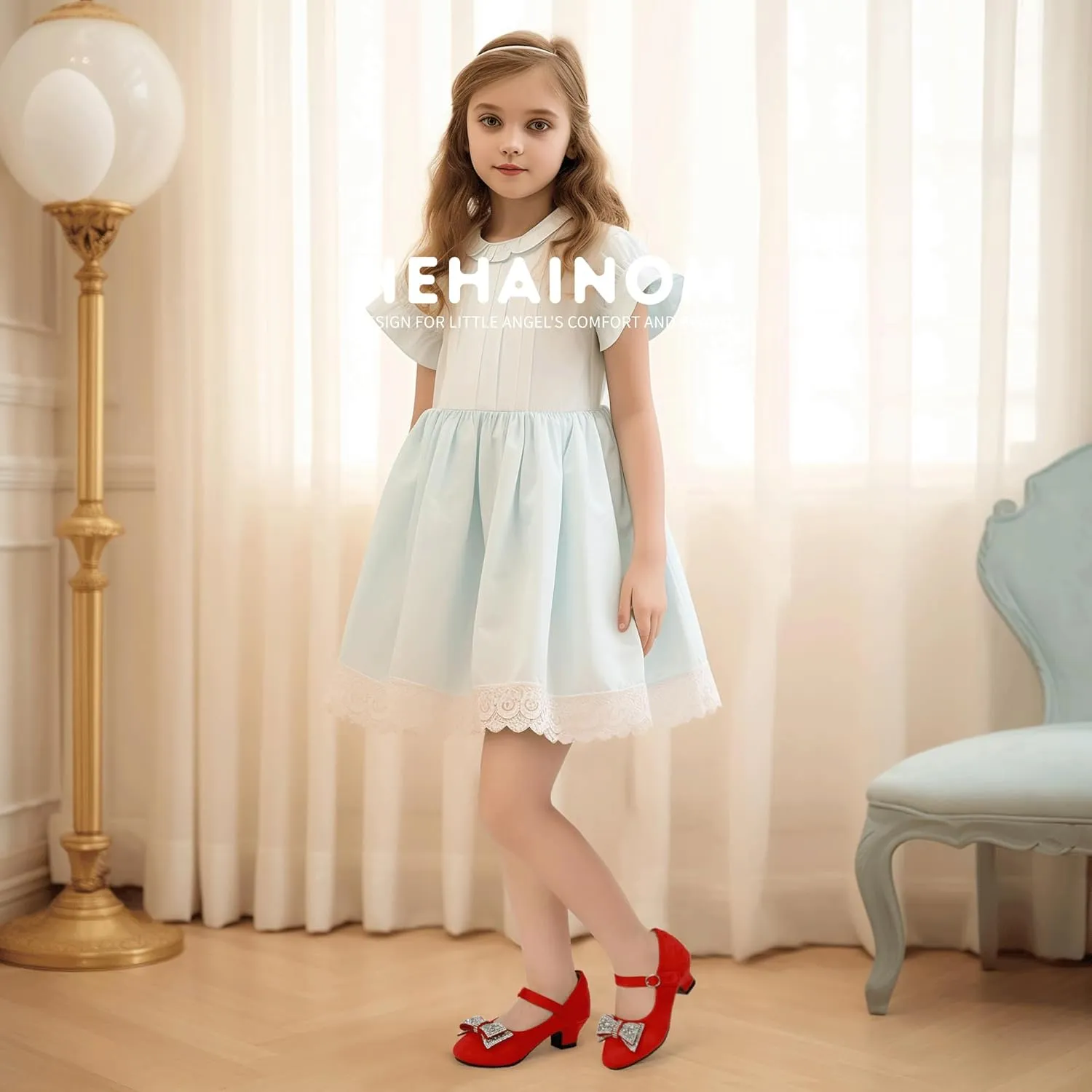 Hehainom Girls Mary Jane Dress Shoes Rhinestones Bows Flower Girl Wedding Princess Low Heels Toddler Little Kids Pump Shoes