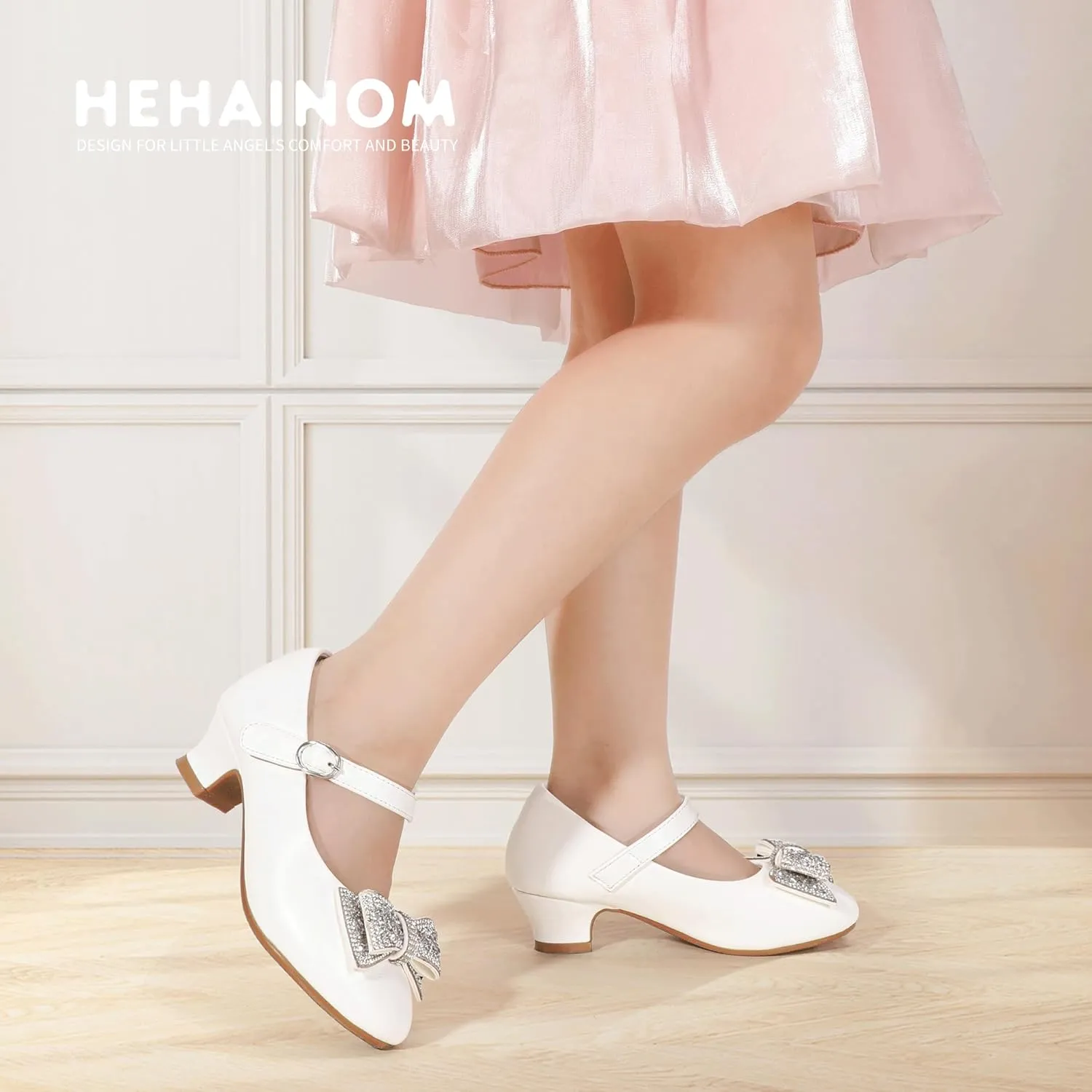 Hehainom Girls Mary Jane Dress Shoes Rhinestones Bows Flower Girl Wedding Princess Low Heels Toddler Little Kids Pump Shoes