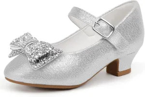 Hehainom Girls Mary Jane Dress Shoes Rhinestones Bows Flower Girl Wedding Princess Low Heels Toddler Little Kids Pump Shoes