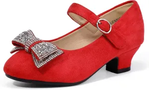 Hehainom Girls Mary Jane Dress Shoes Rhinestones Bows Flower Girl Wedding Princess Low Heels Toddler Little Kids Pump Shoes