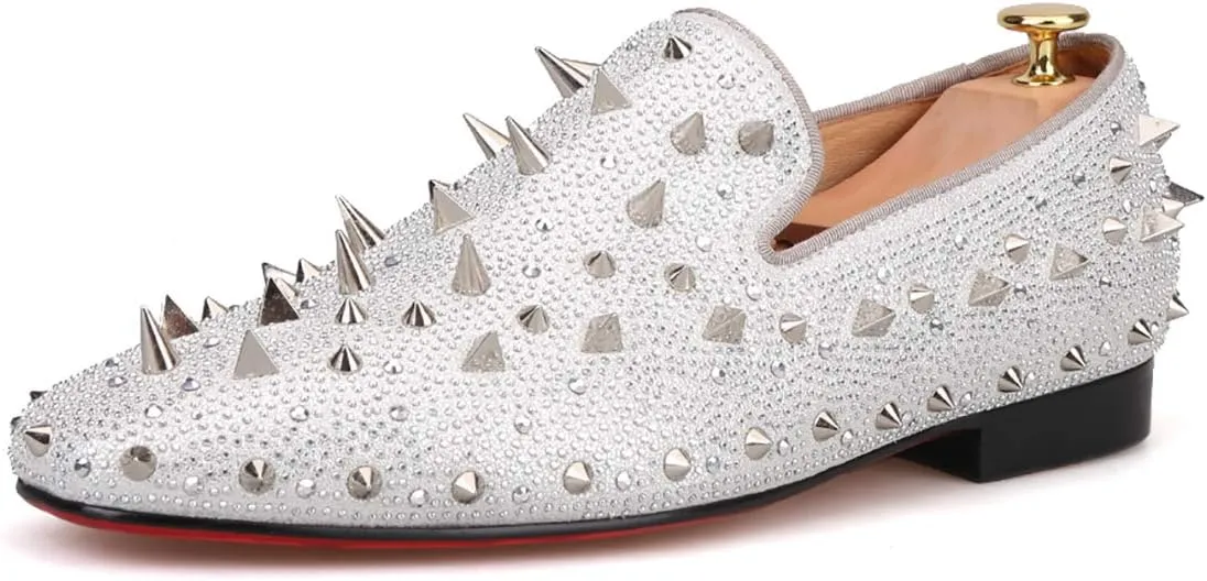 HI&HANN Spikes and Diamonds Men's Glitter Leather Shoes Slip-on Loafer Smoking Slipper