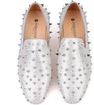 HI&HANN Spikes and Diamonds Men's Glitter Leather Shoes Slip-on Loafer Smoking Slipper