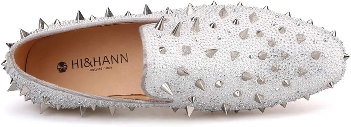 HI&HANN Spikes and Diamonds Men's Glitter Leather Shoes Slip-on Loafer Smoking Slipper