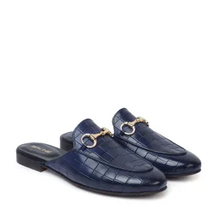 Horse-bit Detailing Leather Formal Mules in Blue Deep Cut Leather