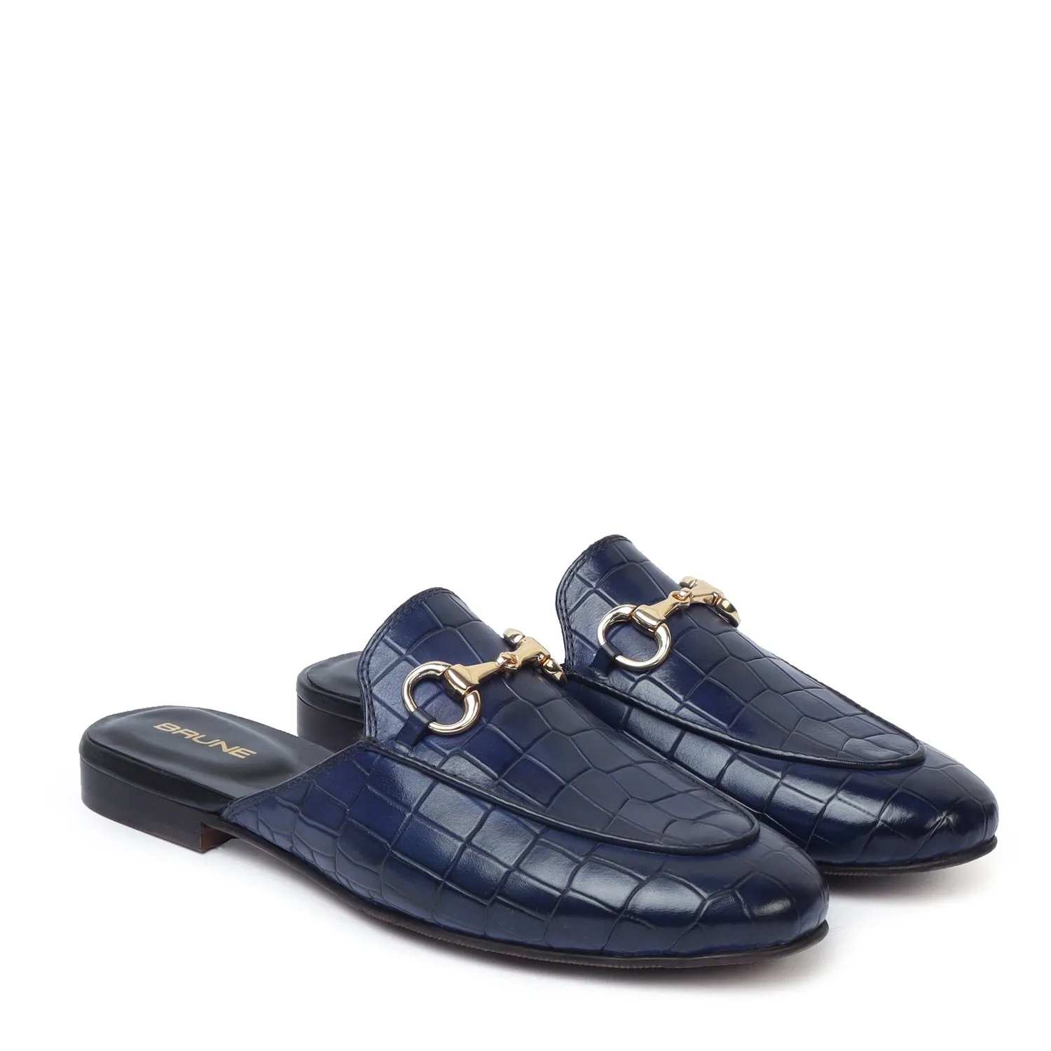 Horse-bit Detailing Leather Formal Mules in Blue Deep Cut Leather