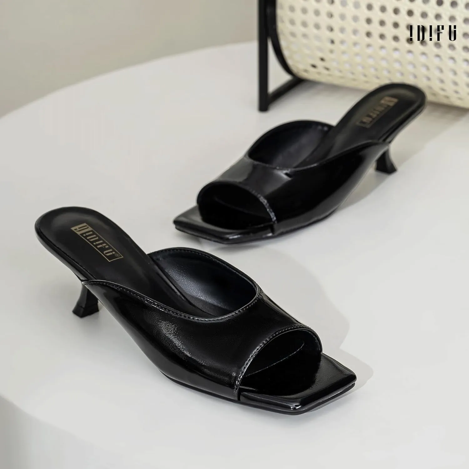 IDIFU IN2 Women's Kitten Heels Open Square Toe Low Heels Sexy Slip On Slide Heeled Sandals Comfortable Wedding Bridal Party Prom Dress Sandals Office Casual Summer Short Mule Heels
