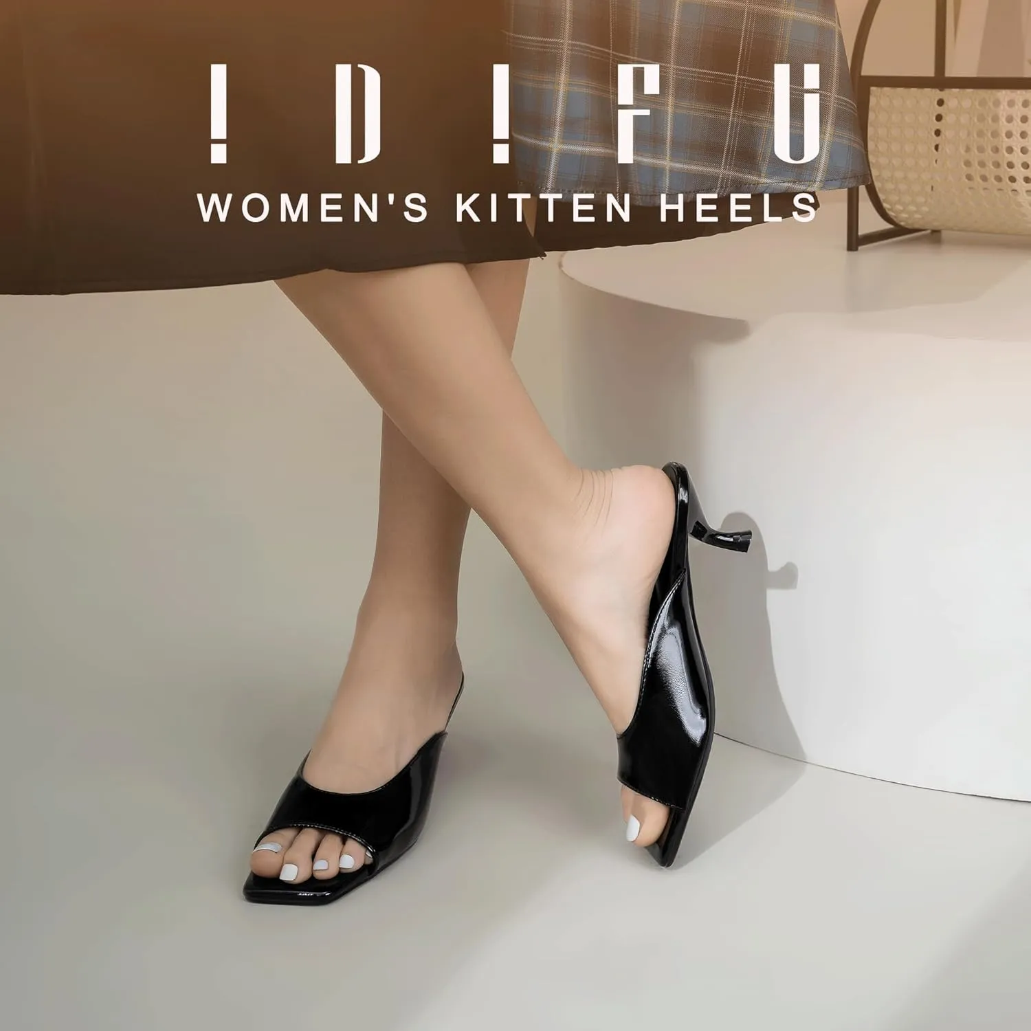 IDIFU IN2 Women's Kitten Heels Open Square Toe Low Heels Sexy Slip On Slide Heeled Sandals Comfortable Wedding Bridal Party Prom Dress Sandals Office Casual Summer Short Mule Heels