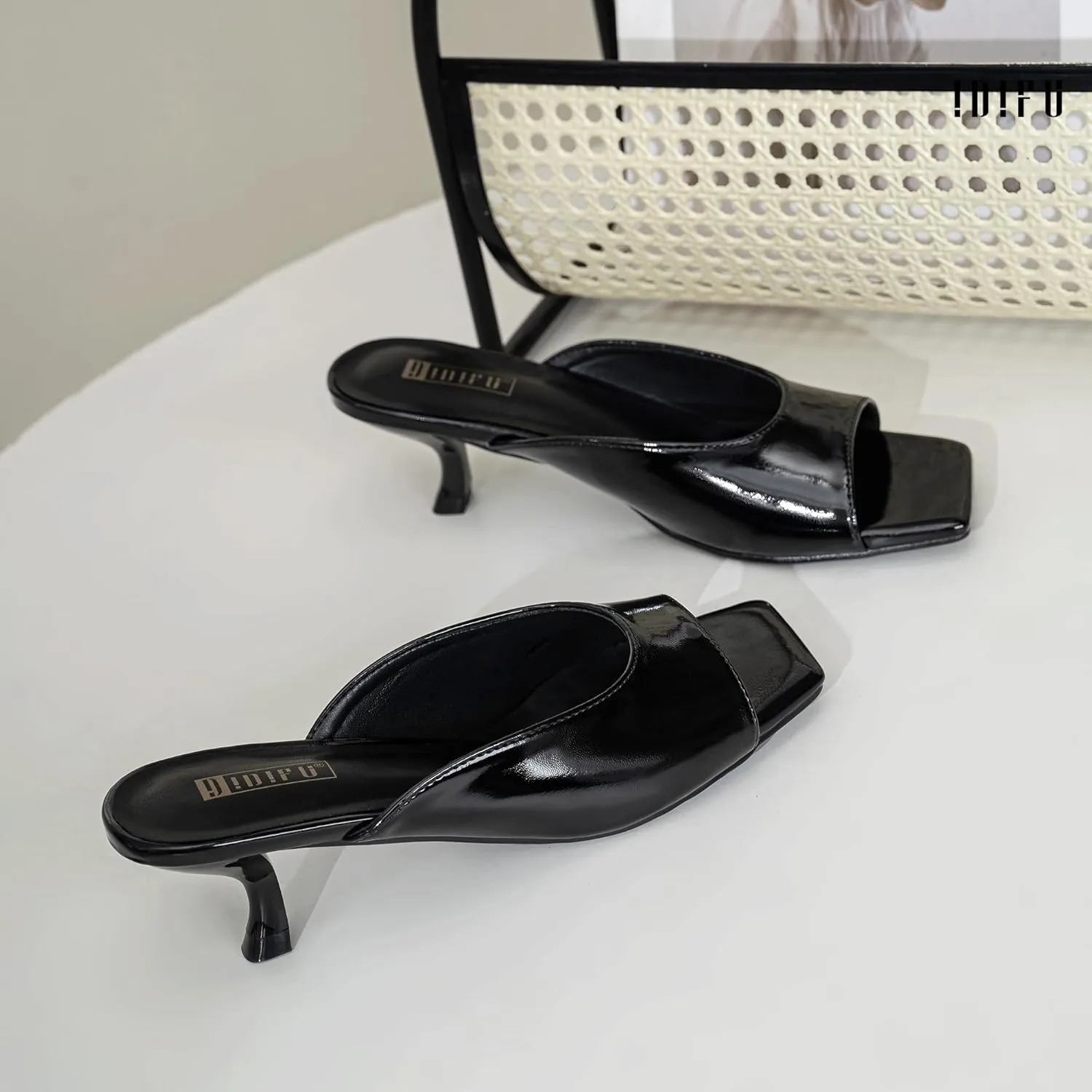 IDIFU IN2 Women's Kitten Heels Open Square Toe Low Heels Sexy Slip On Slide Heeled Sandals Comfortable Wedding Bridal Party Prom Dress Sandals Office Casual Summer Short Mule Heels