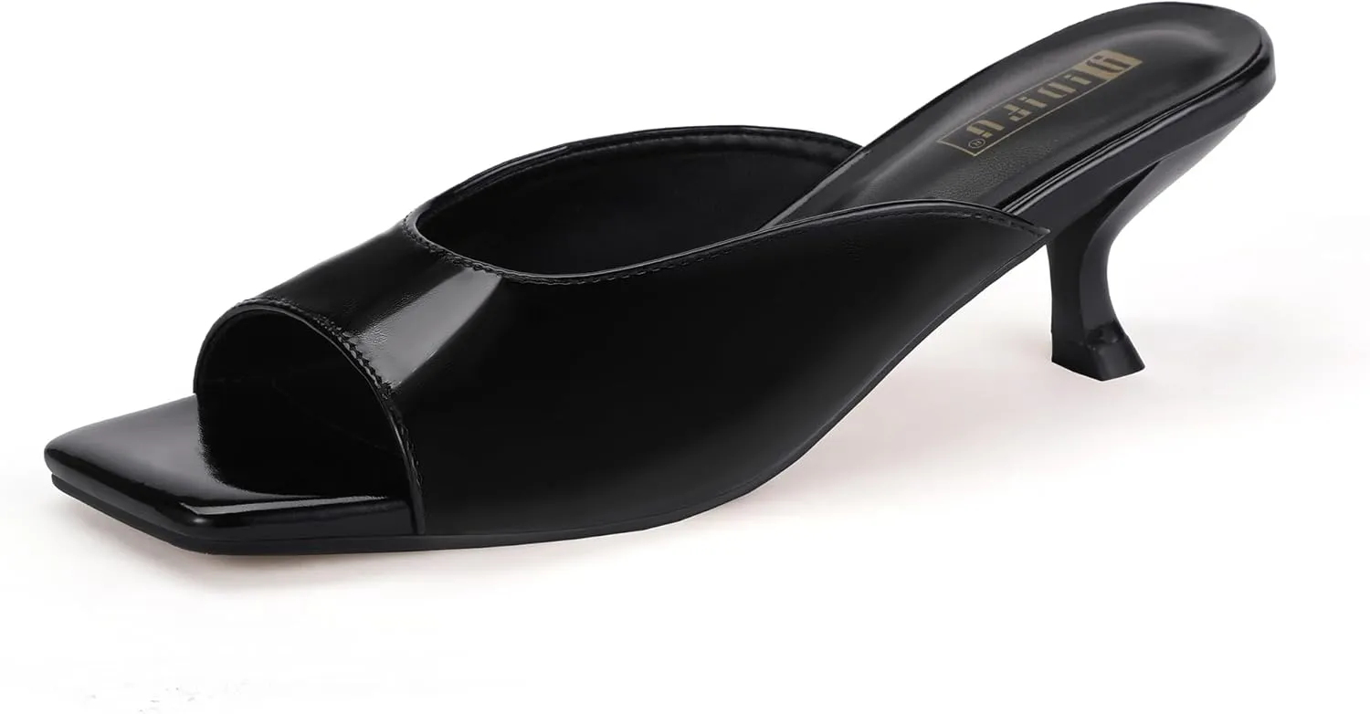IDIFU IN2 Women's Kitten Heels Open Square Toe Low Heels Sexy Slip On Slide Heeled Sandals Comfortable Wedding Bridal Party Prom Dress Sandals Office Casual Summer Short Mule Heels