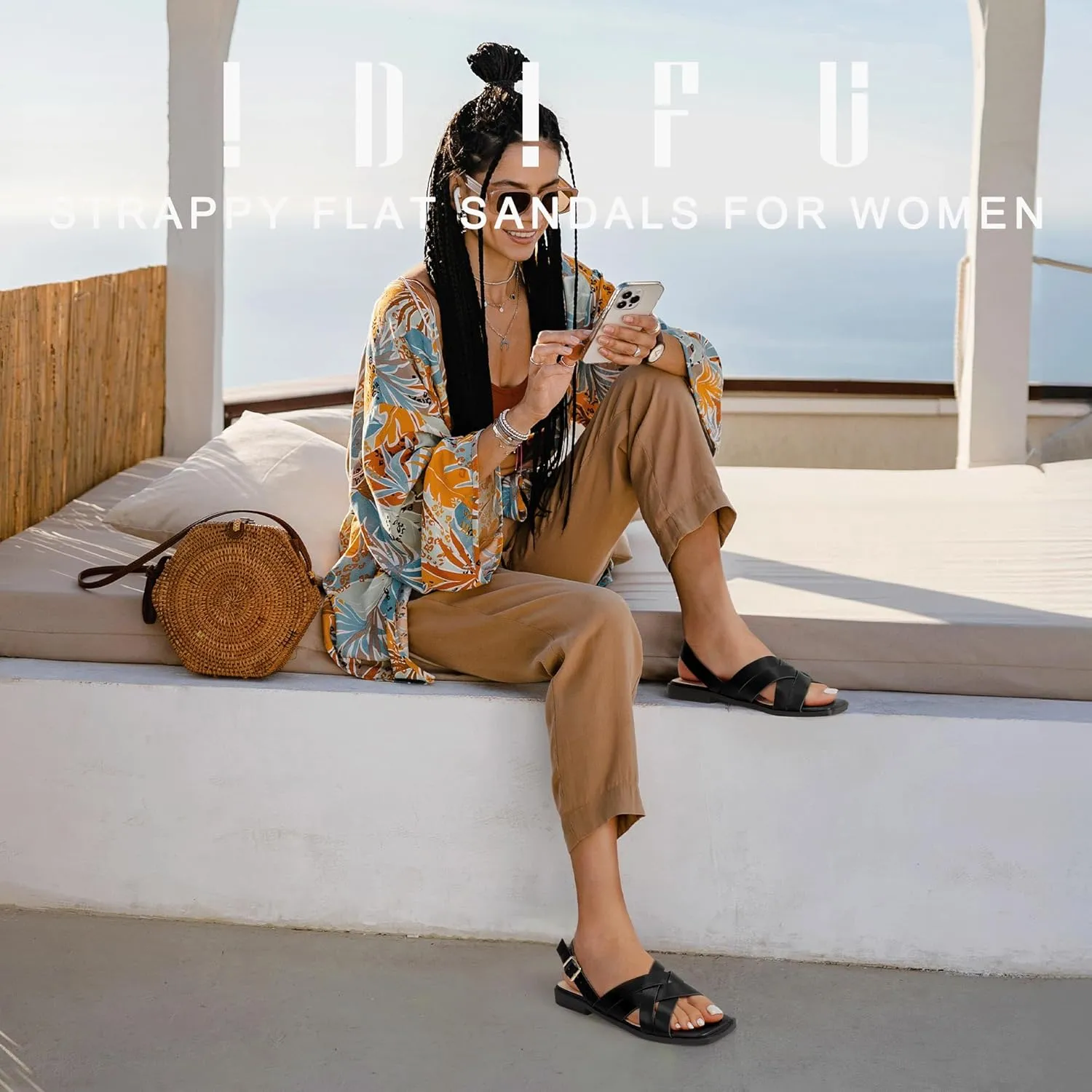 IDIFU Strappy Flat Sandals for Women Square Open Toe Summer Beach Dressy Dress Ladies Comfortable Cute Comfy Trendy Casual Buckle Slingback Sandals with Back Strap