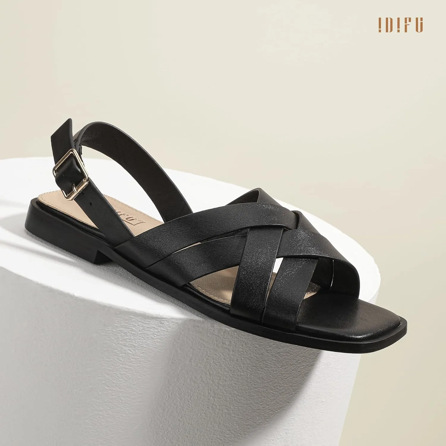 IDIFU Strappy Flat Sandals for Women Square Open Toe Summer Beach Dressy Dress Ladies Comfortable Cute Comfy Trendy Casual Buckle Slingback Sandals with Back Strap