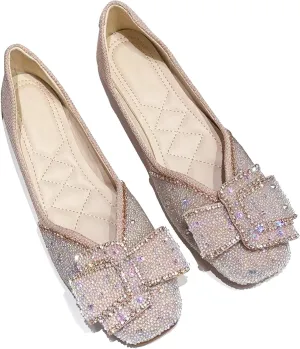 INEELUYI Women's Square Toe V Cut Rhinestone Ring Dress Flats Shoes Slip on Soft Wedding Dress Ballets Flats