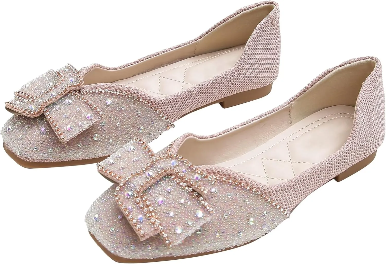 INEELUYI Women's Square Toe V Cut Rhinestone Ring Dress Flats Shoes Slip on Soft Wedding Dress Ballets Flats
