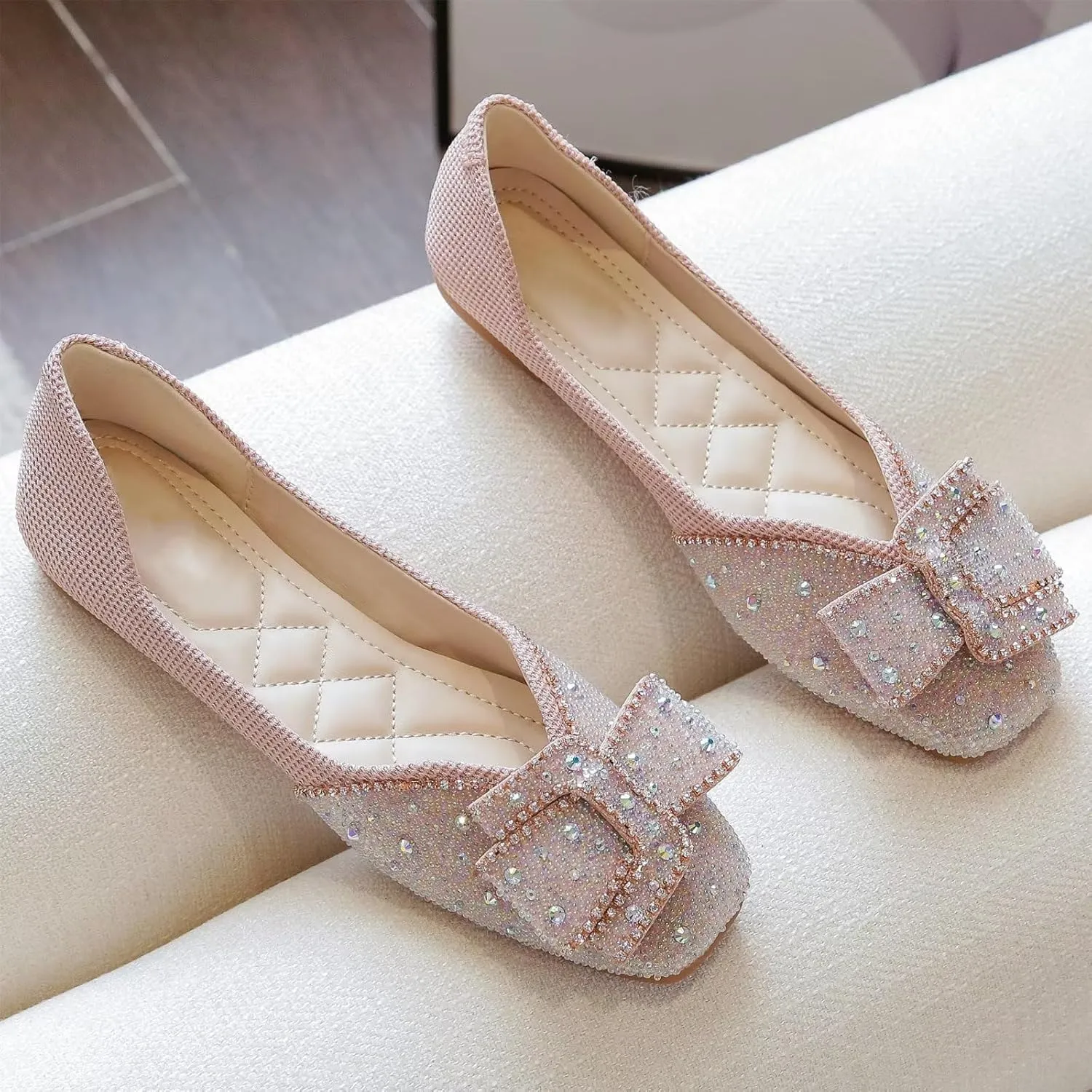 INEELUYI Women's Square Toe V Cut Rhinestone Ring Dress Flats Shoes Slip on Soft Wedding Dress Ballets Flats