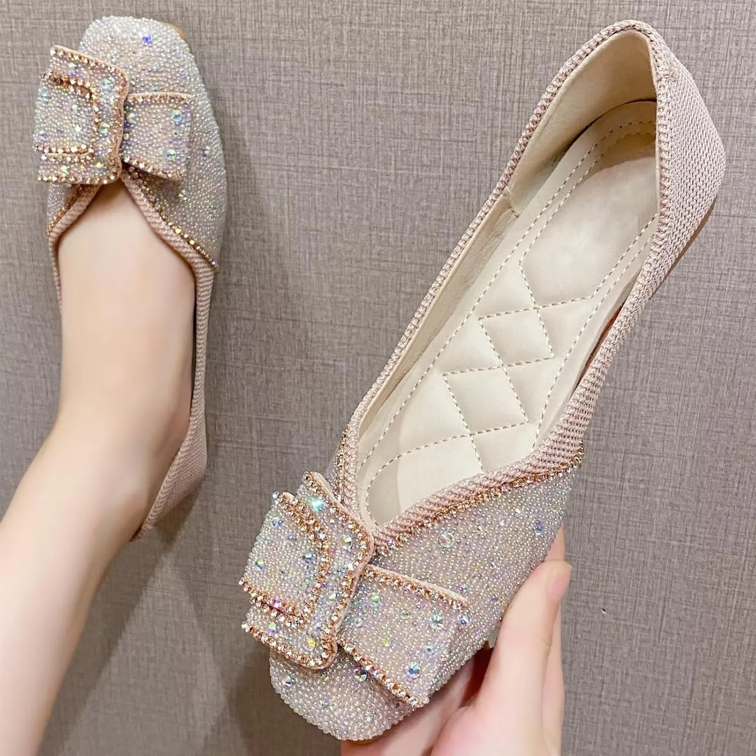INEELUYI Women's Square Toe V Cut Rhinestone Ring Dress Flats Shoes Slip on Soft Wedding Dress Ballets Flats