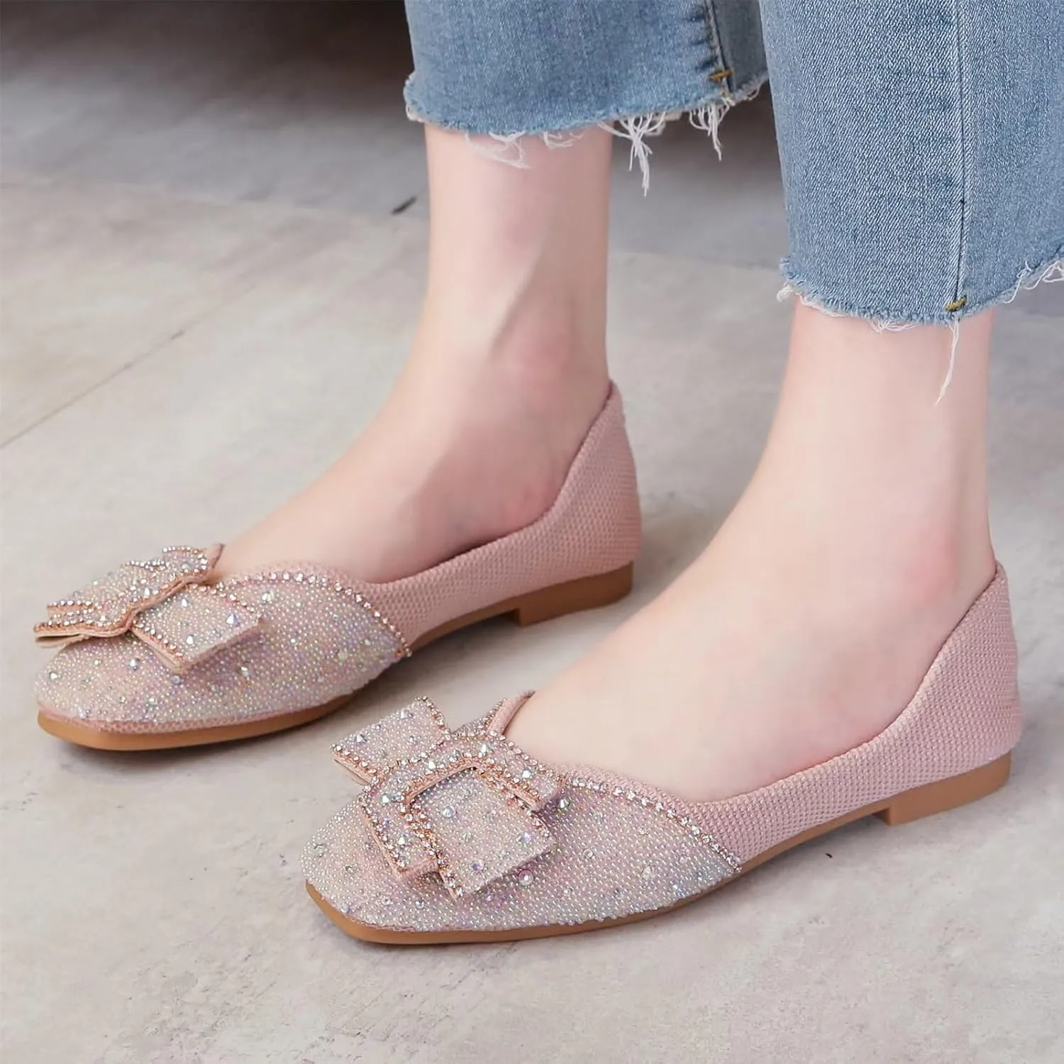 INEELUYI Women's Square Toe V Cut Rhinestone Ring Dress Flats Shoes Slip on Soft Wedding Dress Ballets Flats