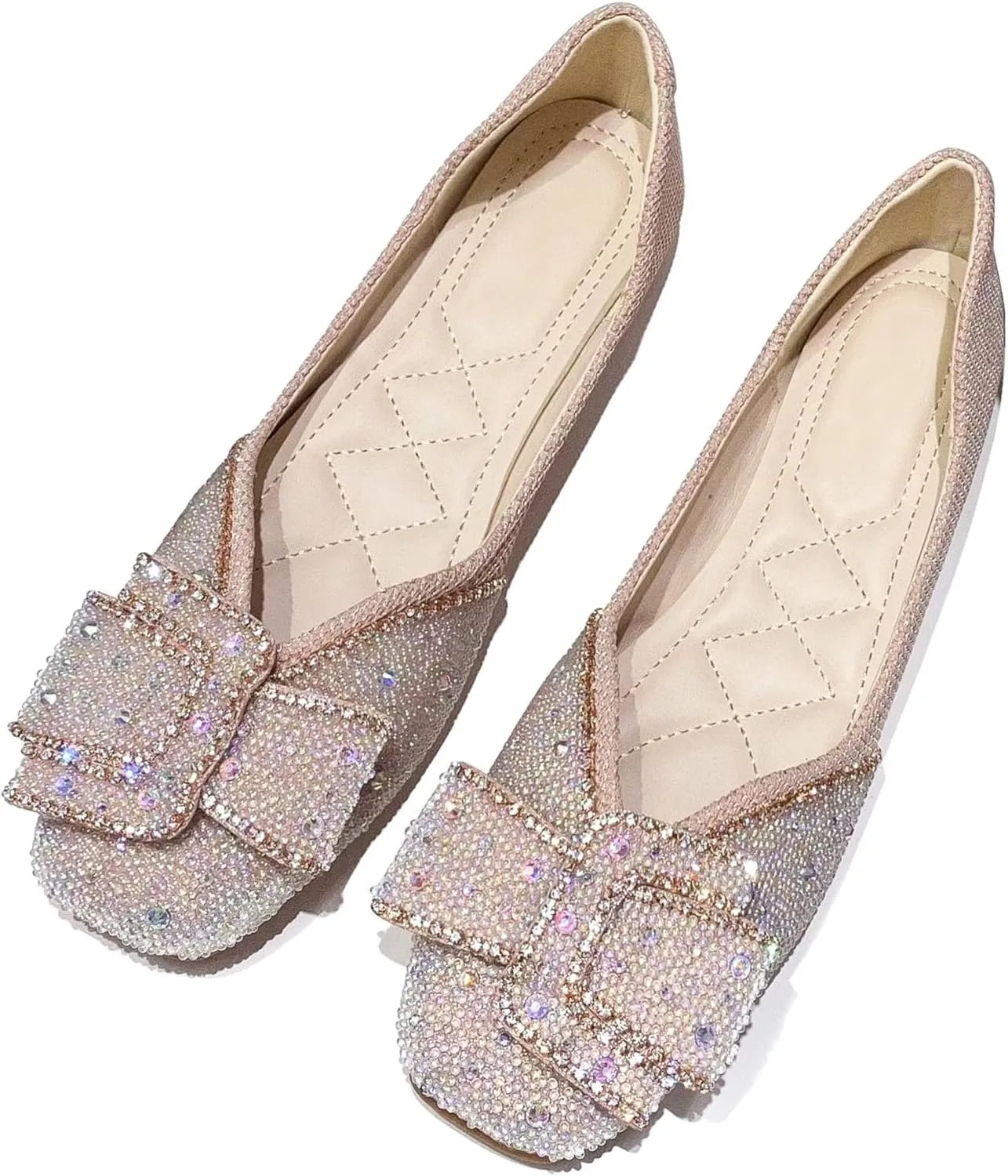 INEELUYI Women's Square Toe V Cut Rhinestone Ring Dress Flats Shoes Slip on Soft Wedding Dress Ballets Flats