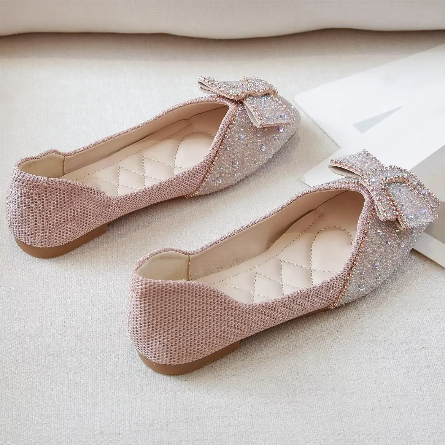 INEELUYI Women's Square Toe V Cut Rhinestone Ring Dress Flats Shoes Slip on Soft Wedding Dress Ballets Flats