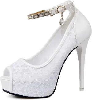 JOEupin Women Lace Sexy Pumps Shoe Peep Toe Elegant Wedding Party Platform Heels Ankle Strap Vintage Bride Pump Shoes