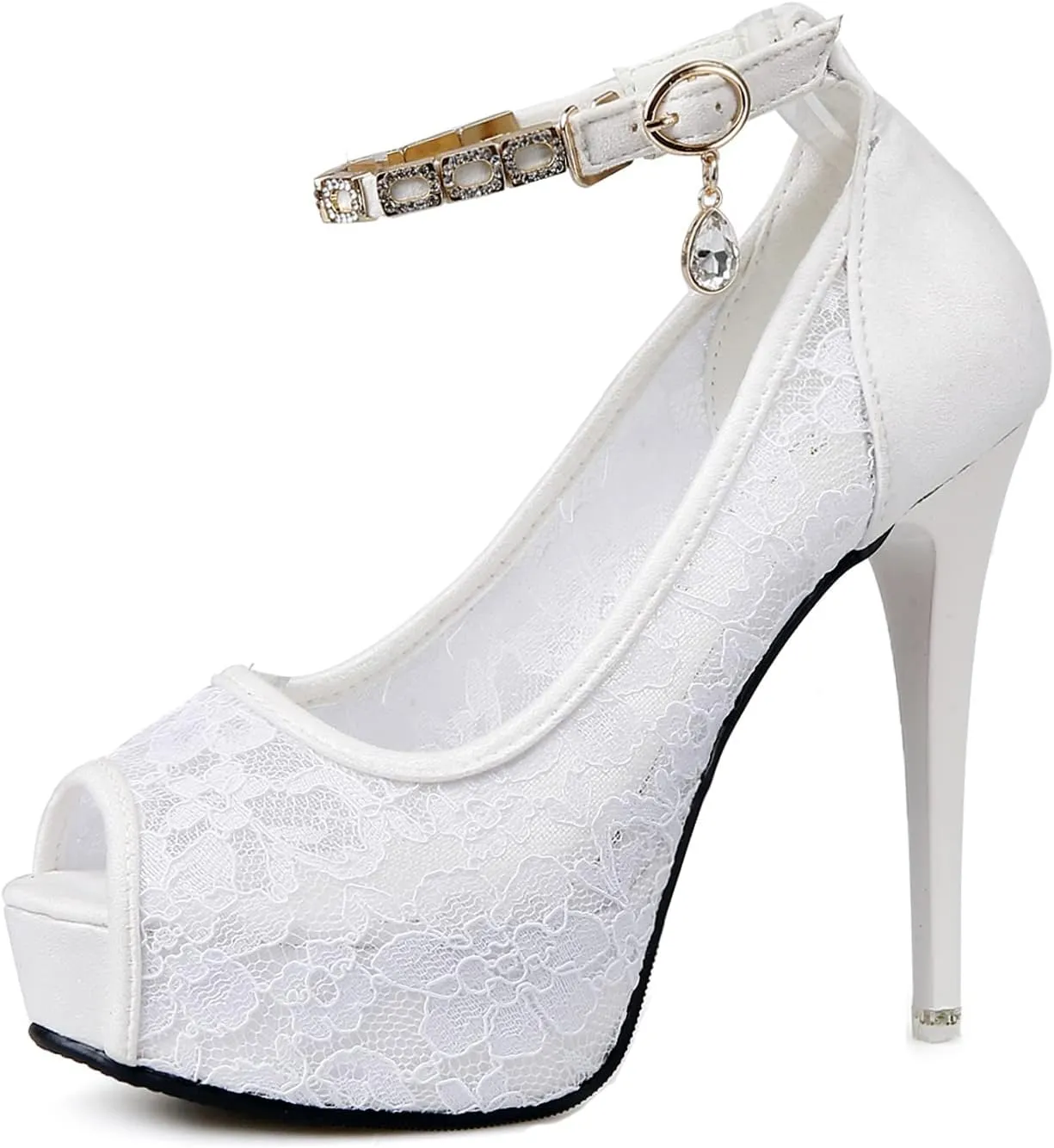 JOEupin Women Lace Sexy Pumps Shoe Peep Toe Elegant Wedding Party Platform Heels Ankle Strap Vintage Bride Pump Shoes